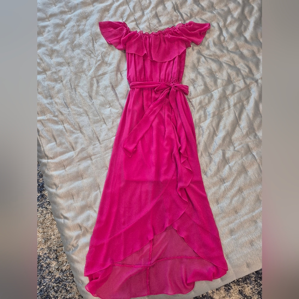 SLNY Fuchsia High Low Dress with Belt